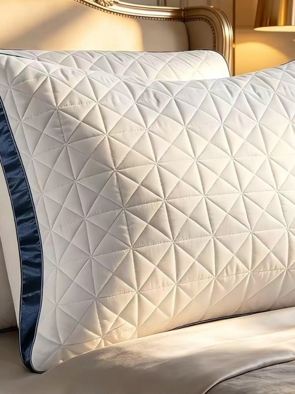 Quilted White Pillow Sham with Navy Satin Edge